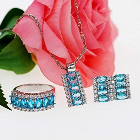Platinum Plated Necklace Earring Ring CZ Cubic Rhinestone Necklace Blue Earrings - Picture 2 of 8